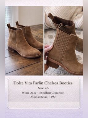 Dolce Vita Farlin Chelsea Booties Brown Suede Size 7.5 Ankle Boots Low Heel